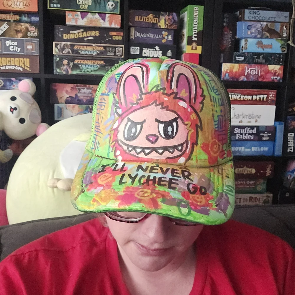 LABUBU PINK LYCHEE OOAK HAND PAINTED BASEBALL CAP - Picture 1 of 5